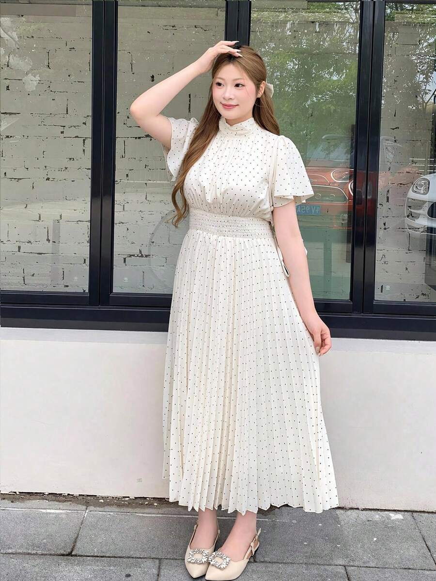 Bijouette 大尺碼女款圓點圖案短袖百褶下擺優雅洋裝 - 白色 - 查看 1