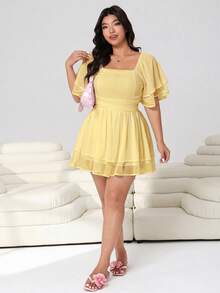 Solflare Plus Size Women's Solid Color Ruffle Sleeve Square Neck Pleated High Waist Jumpsuit - Pale Yellow - View 6