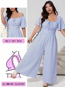 SHEIN EZwear 藍色休閒女款大尺碼條紋前綁帶短袖連身褲 - 彩色 - 查看 1
