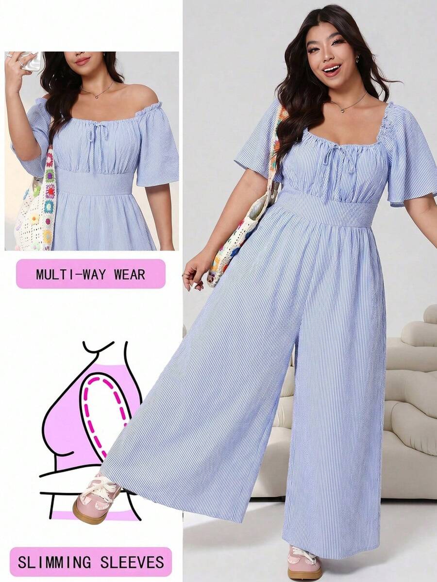 SHEIN EZwear 藍色休閒女款大尺碼條紋前綁帶短袖連身褲 - 彩色 - 查看 1