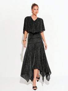 Barévion Women's Dress Slim A-Line Shimmer Leopard Jacquard V-Neck Cape Asymmetric Hem Pleated Elegant Mature Vintage Banquet Black And White Leopard Print - Silver - View 5