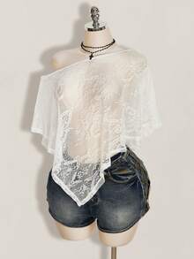 SHEIN ICON Women's Plus Size Asymmetrical Shoulder Batwing Sleeve Loose Lace Cover Up Top - White - View 1