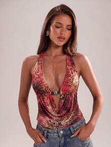 SHEIN BAE 女士休闲度假吊带深V领千禧性感豹纹音乐节 - 玫紅色 - 查看 2