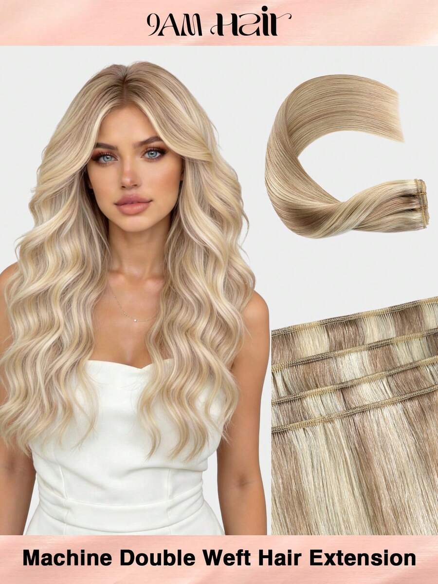 Extensiones de cabello cosidas sin costuras de 100g con reflejos rubio ceniza de mezcla natural, cabello humano real negro de 22 pulgadas, extensiones de cabello Remy de doble trama para volumen y longitud - S18/613 - Ver 1