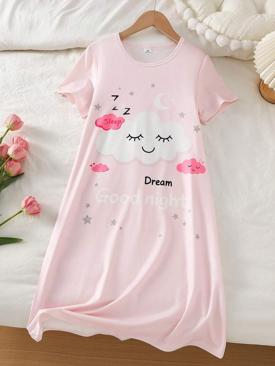女童可愛表情睫毛雲朵印花短袖粉色休閒寬鬆居家睡裙
