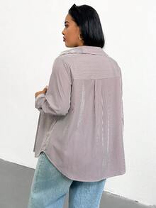 SHEIN Essnce Plus Size Women's Spring/Autumn Casual Traditional Loose Comfortable All-Match White Button Long Sleeve Shirt Outing Work Office Formal Top Teachers' Day - Brown - View 3