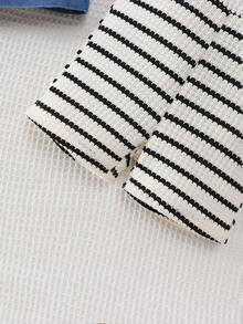 SHEIN Conjunto de 2 piezas para niñas jóvenes, mono a rayas blanco y negro con chaleco de mezclilla, moda casual, adecuado para salidas diarias, hogar y reuniones - Multicolor - Ver 9