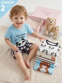[6 Sets Randomly Send 2 Sets]Spring/Summer Young Boy Toddler Round Neck Knit Kangaroo Bear Popular Fun Pattern Digital Print Short Sleeve Shorts 2 Sets 4 Pieces Combination Casual Set Tight Pajamas Homewear - Multicolor - View 3
