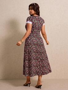 Elaquor Plus Size Summer Short Sleeve V-Neck Random Print Vacation Style Dress - Multicolor - View 2