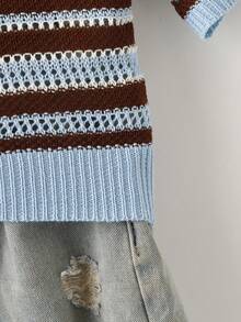 SHEIN LUNE Women's Brown Striped Color Block Casual Retro Preppy Versatile Daily School Daytime Back-To-School Knit Short Sleeve Top Summer - Multicolor - View 4