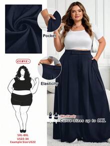 SHEIN CURVE+ CURVE PLUS /Valentine's Day/Plus Size Women's Pleated Loose Pants, Spring/Summer - Navy Blue - View 9
