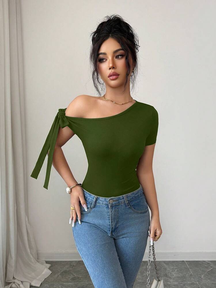 Rafferiza Women's Spring/Summer Commute Night Out Date Night Vacation Party Gathering Lace-Up Bow Short Sleeve T-Shirt Olive Green Sexy - Army Green - View 4