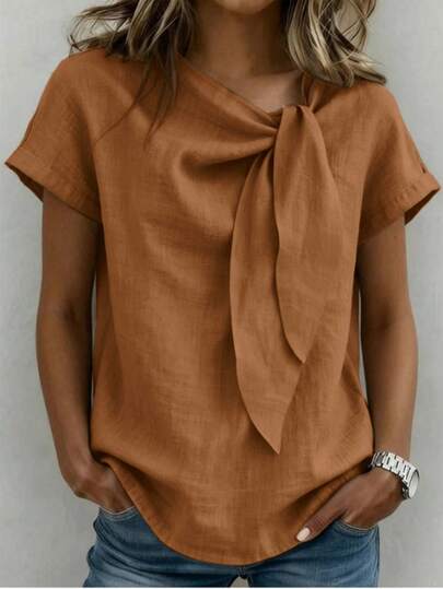 SHEIN Holidaya Women's Bamboo Knot Round Neck Blouse, Vacation