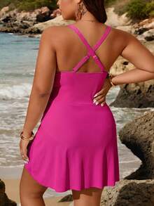 Swim Lushoire Plus Size Solid Color Beach Swim Dress - Hot Pink - View 2
