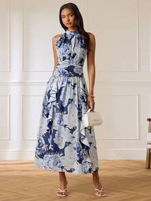 Lilora Women's Elegant Romantic Floral Halter Neck Midi Dress High-End Versatile Casual Mother Of The Bride Party Summer Wedding Navy Blue Floral - Multicolor - View 4