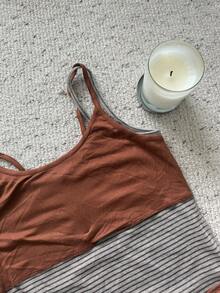 DAZY Women's Summer Casual Striped Patchwork 2 In 1 Camisole Tank Top - Coffee Brown - View 7