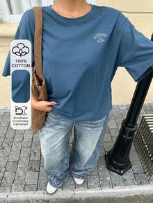 Dazy Plus 女款寬鬆大尺碼圓領字母印花休閒棕色短袖T恤，適合春夏季 - 水鴨藍 - 查看 1