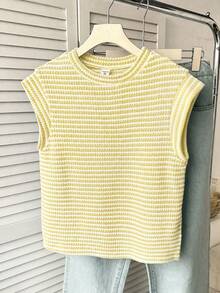 SHEIN Tank Top & Cami Rajut Jacquard Bergaris Kerah Bulat untuk Anak Perempuan Remaja - Kuning - View 3