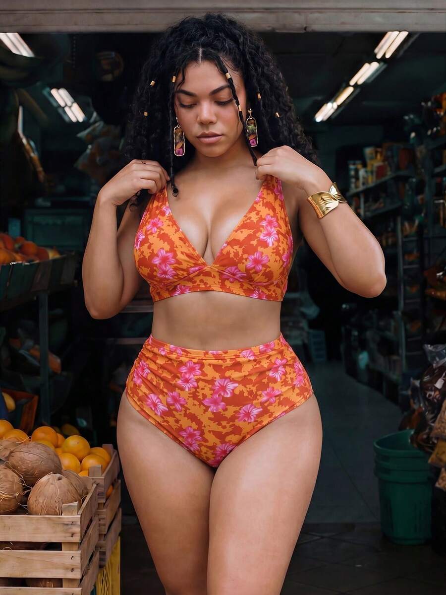 Swim Mod 2026 New Summer Plus Size Women 2pcs Set Random Print High Waist Triangle Bikini Bottom Ruched Casual Swimsuit - Orange - View 1