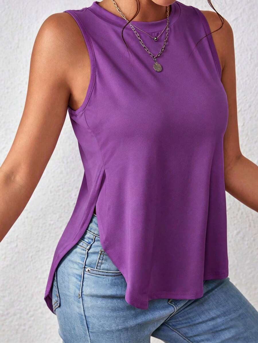 SHEIN LUNE Camiseta de tirantes casual y versátil para mujer de unicolor con cuello redondo y abertura lateral en el bajo - Morado - Ver 1