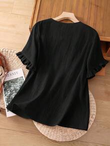 Blus Linhara Plus Size Wanita Gaya Pastoral Minimalis Kasual Leher V Kecil, Katun Bordir Terposisi Modis dengan Manset Berkerut Longgar - Hitam - View 2