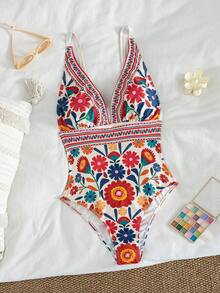 Swim Lushoire New Print Deep V-Neck Backless Slim Fit Fashion Summer One-Piece Swimsuit - Multicolor - View 7