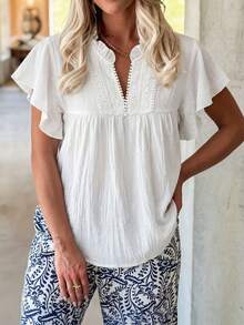 Louniche Women's Fashion Casual Vacation Solid Color Hollow Lace V-Neck Ruffle Sleeve Blouse Spring/Summer Cotton-Feel Shirt - White - View 5