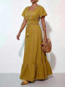 Zivah Summer Boho Vacation Mustard Yellow V-Neck Lace-Trimmed Multi-Layered Ruffled Halter Women Long Dress Suitable For Everyday Music Festivals Picnic - Mustard Yellow - View 6