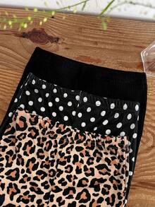 SHEIN Baby Girl Knit Leopard Print Polka Dot Pattern Elastic Waist Flare Long Pants 3pcs Set - Multicolor - View 3
