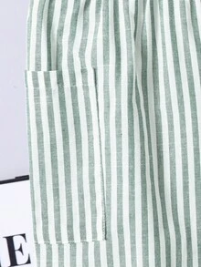 SHEIN 1pc Kids Tween Boy Green & White Pinstripe Elastic Waist Side Large Pocket Casual Long Pants Versatile Comfortable - Green - View 5