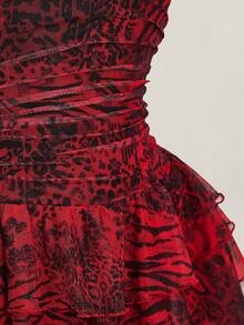 SHEIN ICON Plus Size Women's Leopard & Zebra Print Pleated Sexy Halter Neck Dress For Date And Party - Red - View 8