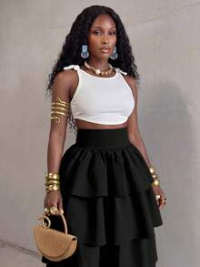 BamGlimmer Rok Panjang Wanita Warna Polos Pinggang Tinggi Berlapis-lapis dengan Rumbai, Warna Hitam, Elegan untuk Liburan Musim Gugur - Hitam - View 5