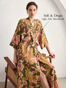 Ocili 优雅休闲中式风格柔软印花舒适孔雀图案睡袍（女士款） - 彩色 - 查看 1