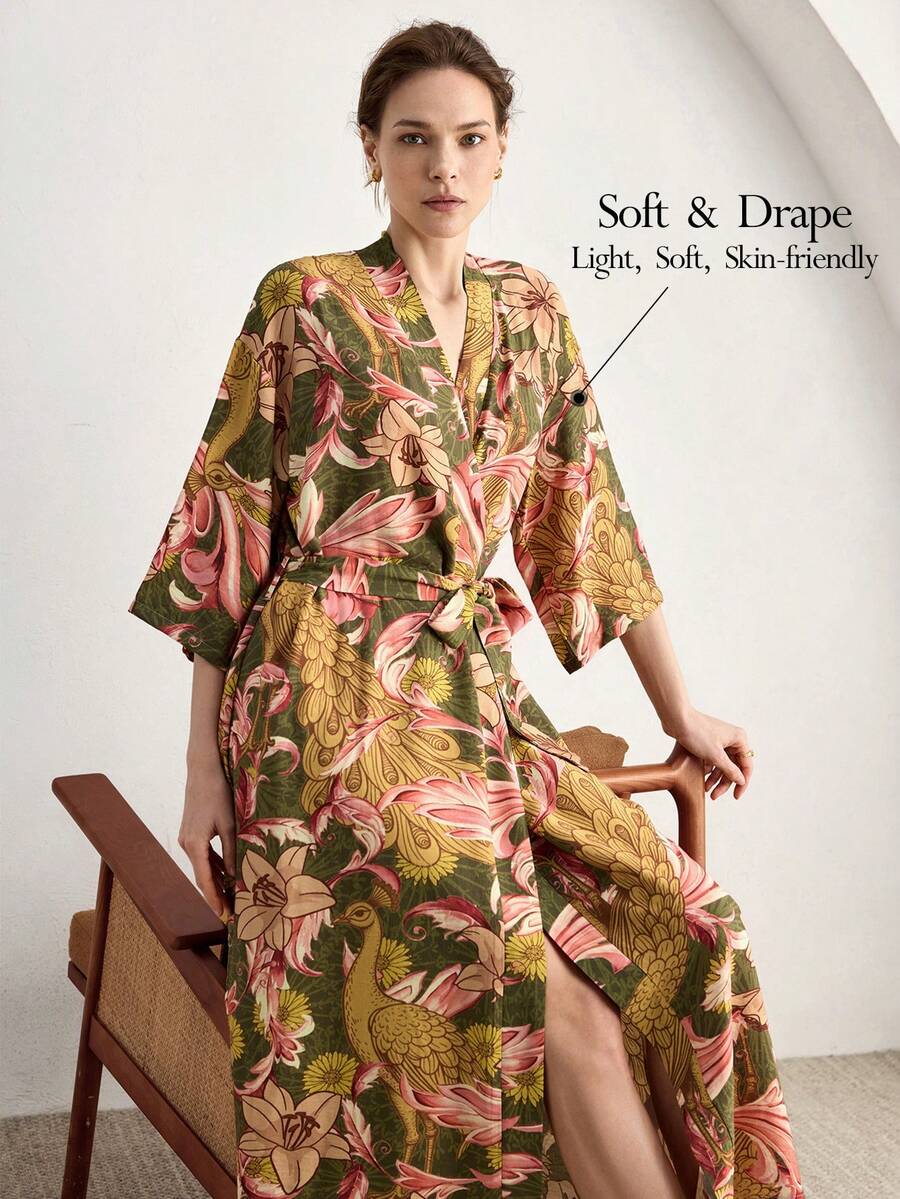 Ocili 优雅休闲中式风格柔软印花舒适孔雀图案睡袍(女士款) - 彩色 - 查看 1