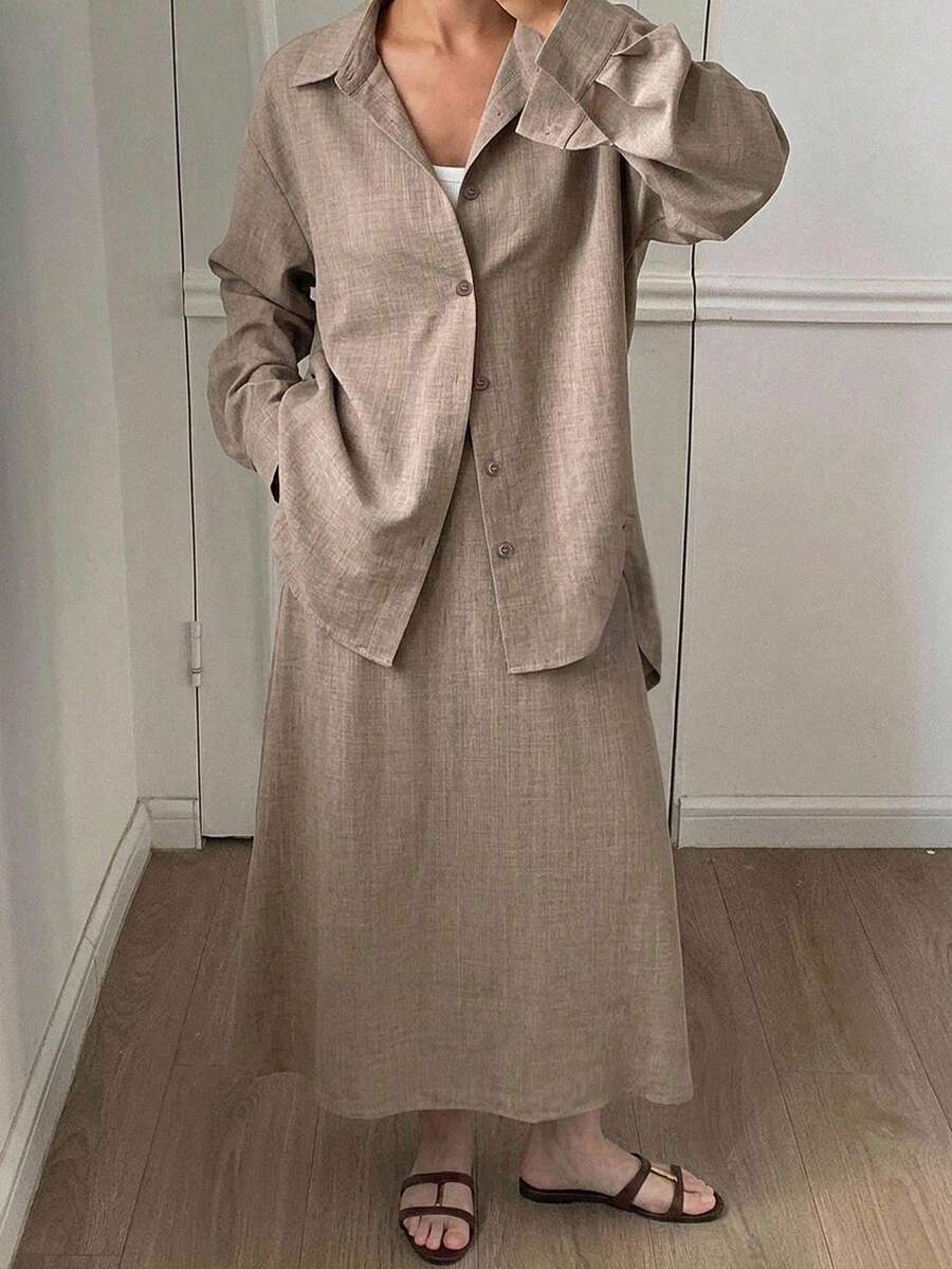 Livesso Damen 2-teiliges Set: Gelbes plissiertes Langarmhemd mit Kragen und lockerer Rock für Pendeln, Sommer und Herbst - Khaki - Übersicht 1
