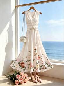 Franclia Elegant Casual Romantic Pink Floral Print High-Waisted A-Line Dress Women's Summer 70s Style Sleeveless Party Mother Of The Bride Bachelorette Wedding - Apricot - View 8