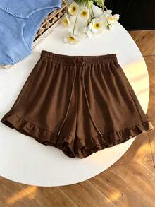Resyla Pantalones cortos de mujer casuales de unicolor con volantes en el bajo, para verano - Café integral - Ver 4