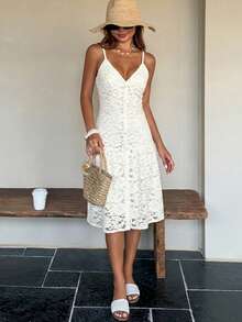 DAZY Solid Color Jacquard Long Strap Casual Tropical Lacy Boho Wedding Summer Women's Tank Top Beach Garden Party Vacation White - Apricot - View 1