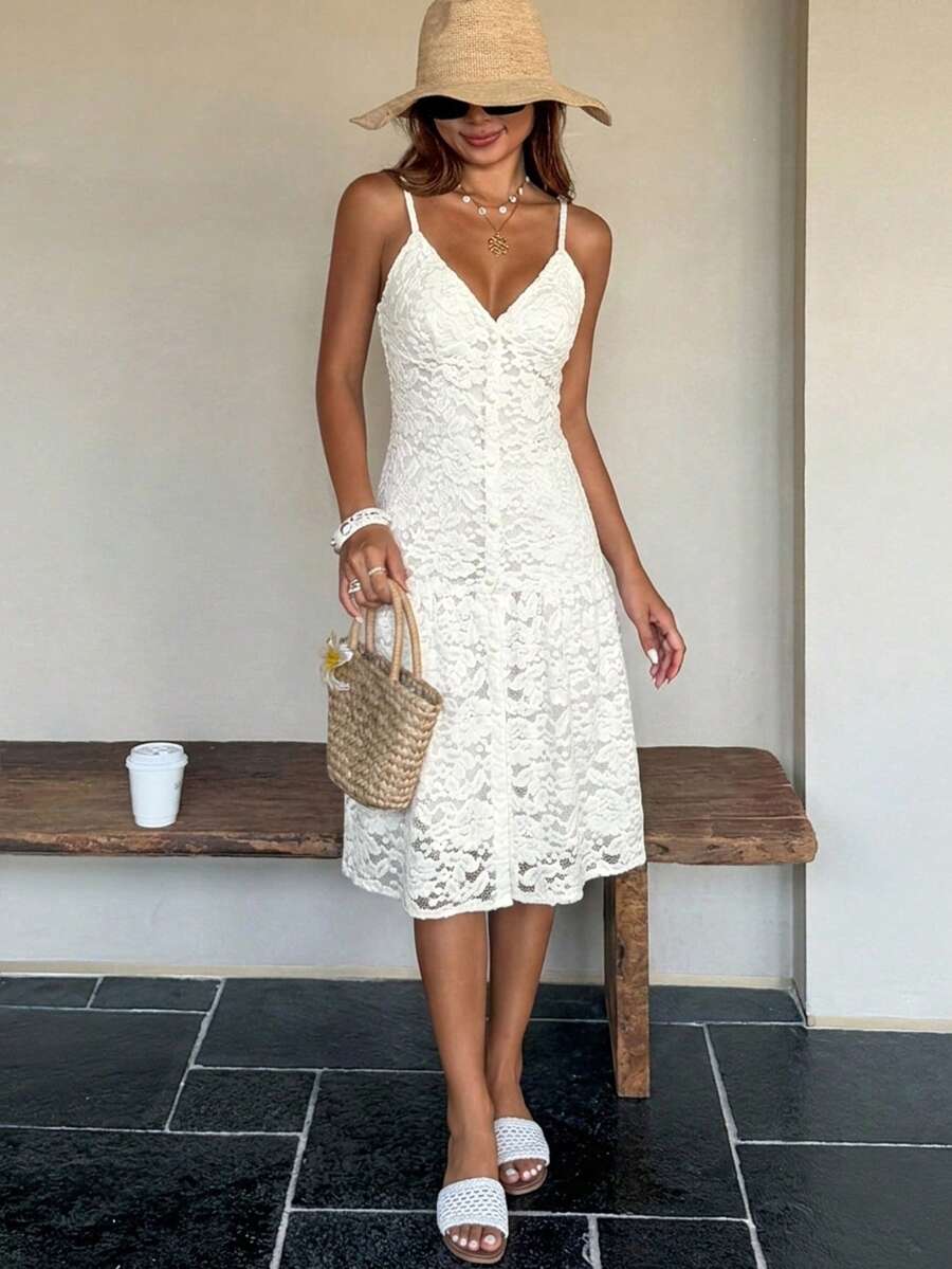 DAZY Solid Color Jacquard Long Strap Casual Tropical Lacy Boho Wedding Summer Women's Tank Top Beach Garden Party Vacation White - Apricot - View 1