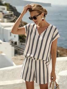 EMERY ROSE Women's V-Neck Striped Colorblock Top And Shorts Casual Daily 2-Piece Set - Apricot - View 6