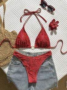 Swim Vcay 2026 Spring/Summer Women's Sexy Bikini, Red Triangle Cup Halter Neck, Drawstring Ruched Design With Gold Oval Decor, High Cut, Suitable For Beach, Seaside And Pool - Red - View 6
