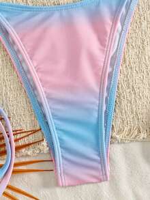 Swim Mod Summer Spring New Cross-Border Ins Style Sexy Triangle Tie Bikini Mermaid Shell Bikini Set For Women, Neon Pink And Blue Gradient Two Pieces Separates With Pearl Accessories, Ocean Holiday Bikini Set, Sweet Young Girl Hot Spring Beach Vacation Bikini Swimwear, Birthday Party Holiday Beach Bikini - Multicolor - View 6