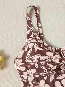Swim Lushoire Women's Vacation Party Pool Party Beach Textured Multi-Color Print Fabric Wide Strap Swimsuit One-Piece Swim Dress Brown And Turquoise Summer Tropical - Multicolor - View 6