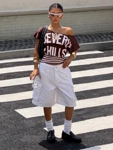 Muchica Women's Summer Casual Street Wear Y2k Brown And Pink Patchwork Letter Print Asymmetric Neck T-Shirt Tops World Cup Going Out Night Out City Break - Coffee Brown - View 4