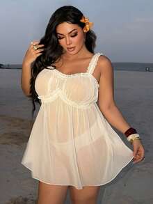 Dazy Plus Sexy Minimalist Sexy Home Wear Sheer Mesh Strap Dress Plus Size Women Spring Summer Elegant White Nightgown Pajamas - White - View 8