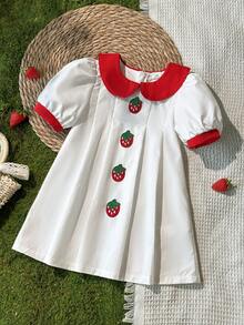 SHEIN 女嬰夏季新款甜美草莓刺繡洋裝，可愛彼得潘領泡泡袖公主風短袖洋裝 - 紅白色 - 查看 6