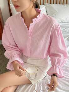 DAZY Women's Casual Commuter Striped Shirt - Pink - View 3