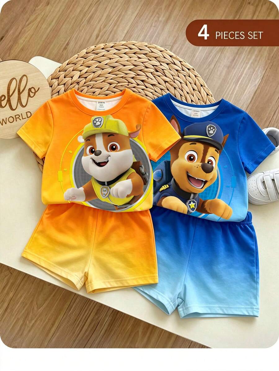 SHEIN | PAW Patrol 男嬰T恤套裝 4件組 休閒簡約 春夏適用 經典卡通動畫圖案印花 追追 鋼堡 經典漸層圖案印花 經典3D圖案印花 - 彩色 - 查看 1