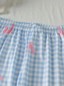 柔軟牛奶絲蝴蝶結卡通印花小女孩居家服套裝 長袖長褲可愛睡衣 秋季家庭配色 粉藍白 - 彩色 - 查看 7