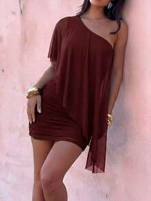 Aloruh Women's Solid Color Patchwork Ruffle One-Shoulder Mini Vacation Dress - Burgundy - View 6